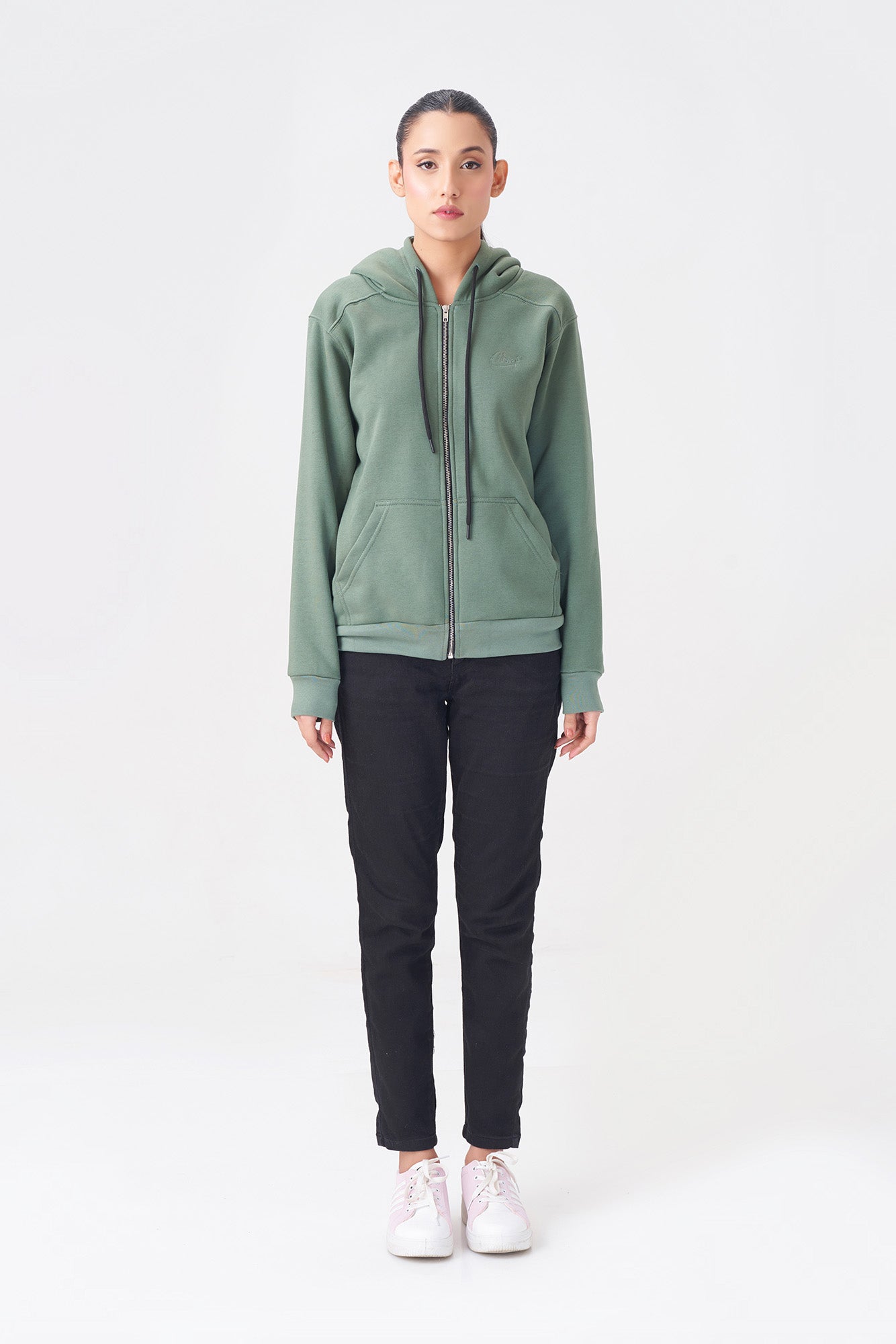 Casual Green Zip-Up Hoodie for Women