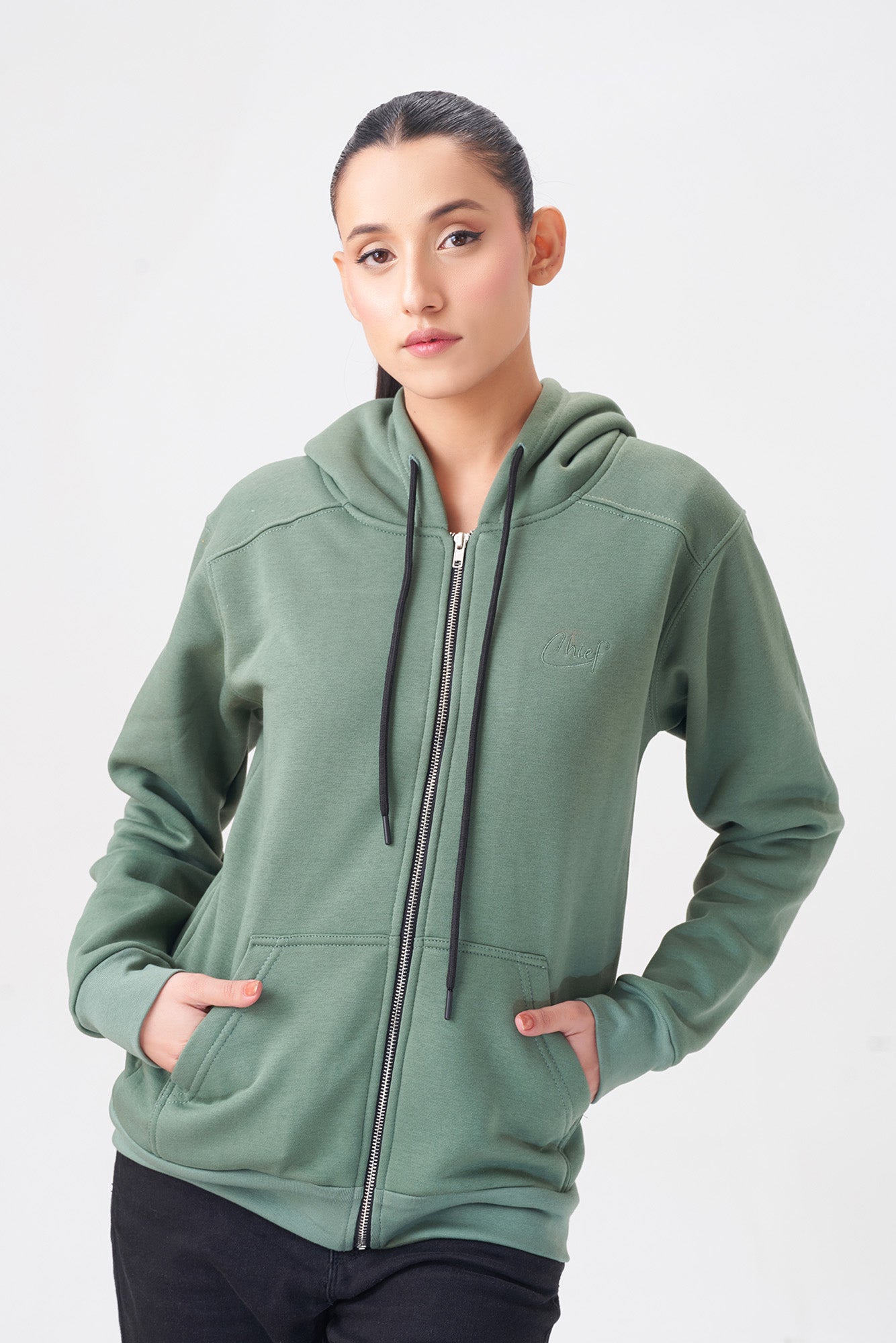 Casual Green Zip-Up Hoodie for Women