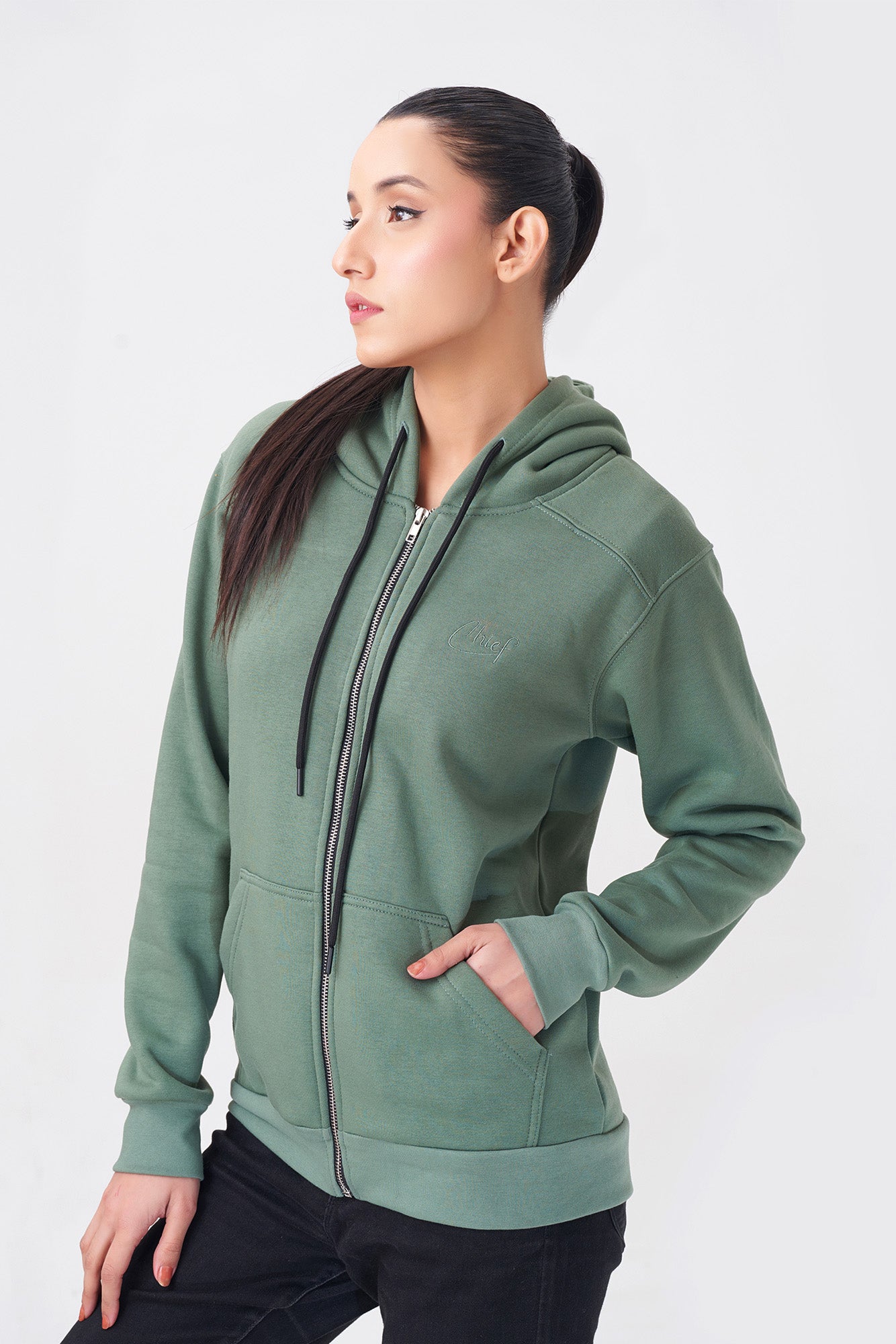 Casual Green Zip-Up Hoodie for Women