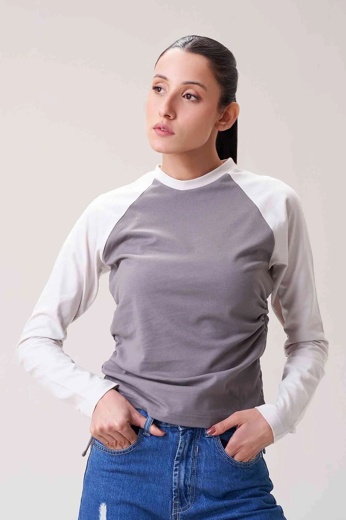 Grey & White Long-Sleeve Raglan Sweatshirt for Women