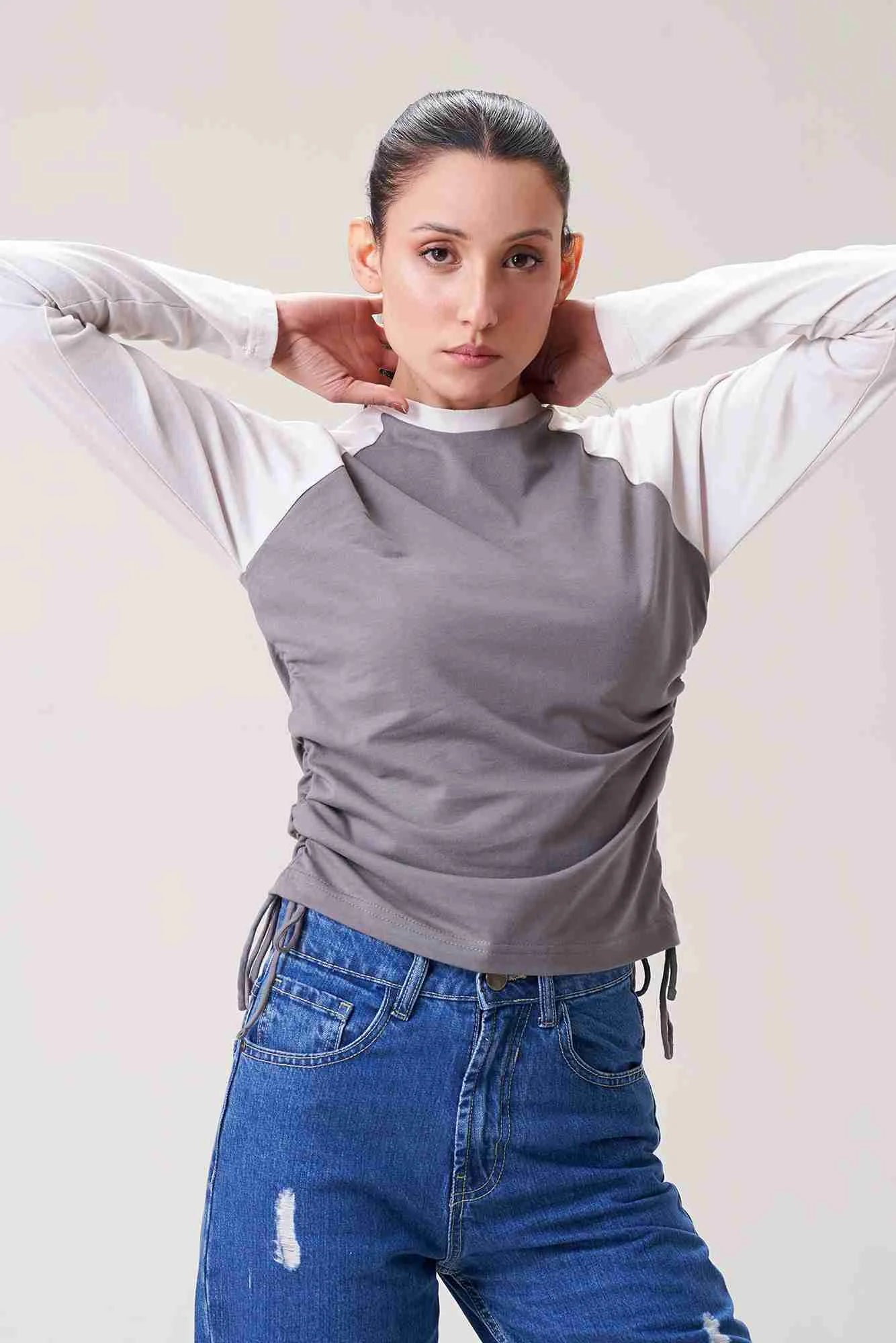 Grey & White Long-Sleeve Raglan Sweatshirt for Women