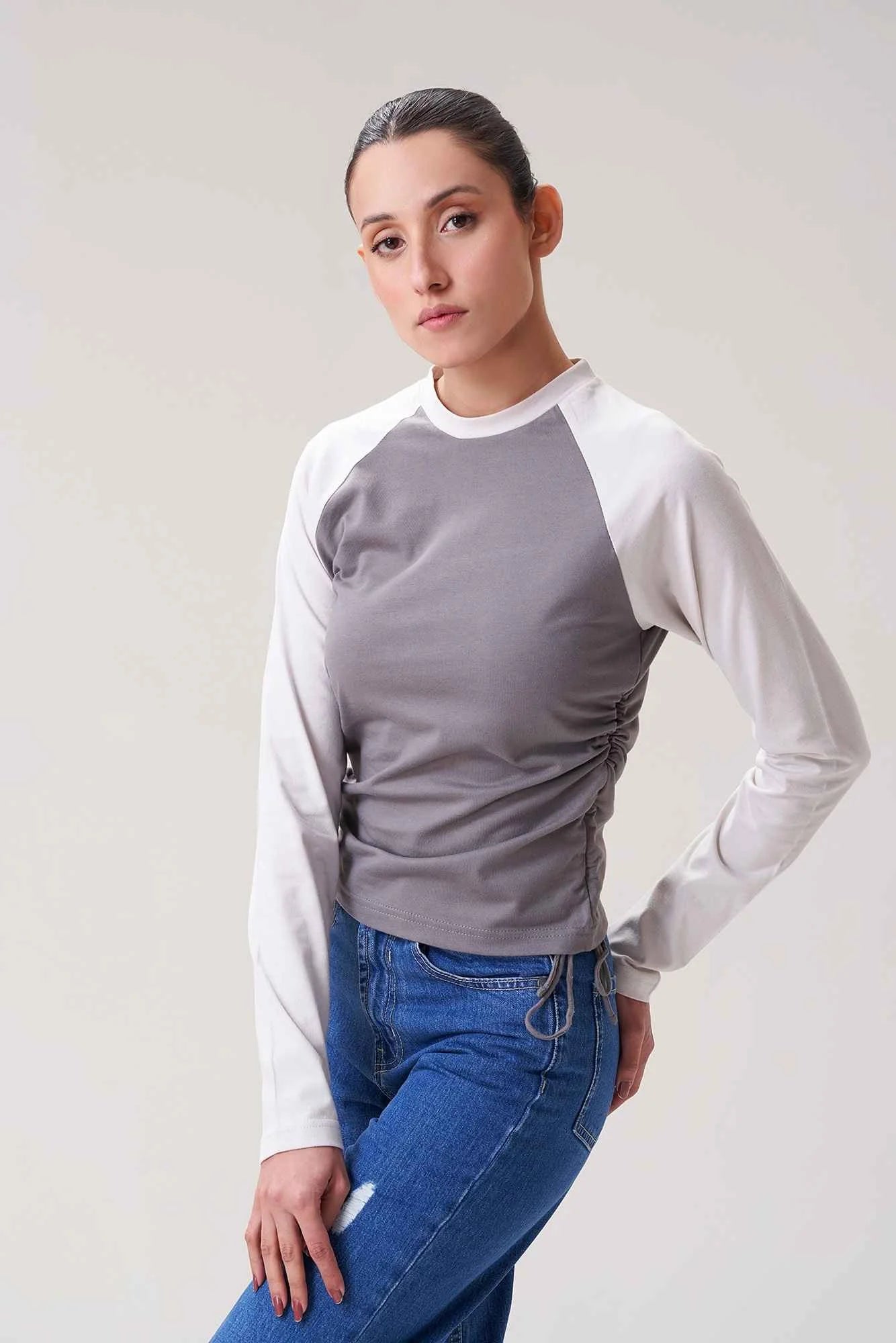 Grey & White Long-Sleeve Raglan Sweatshirt for Women