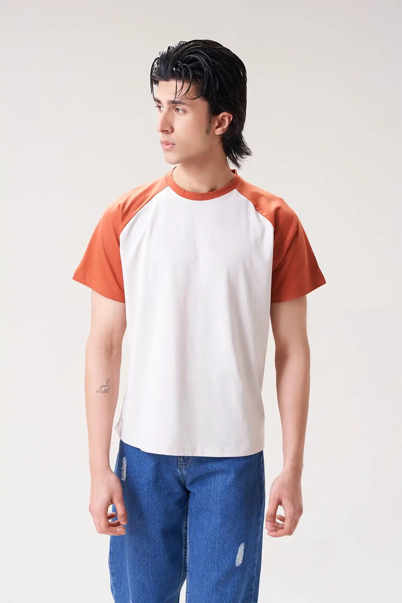 Men's White Raglan T-Shirt with Orange Sleeves