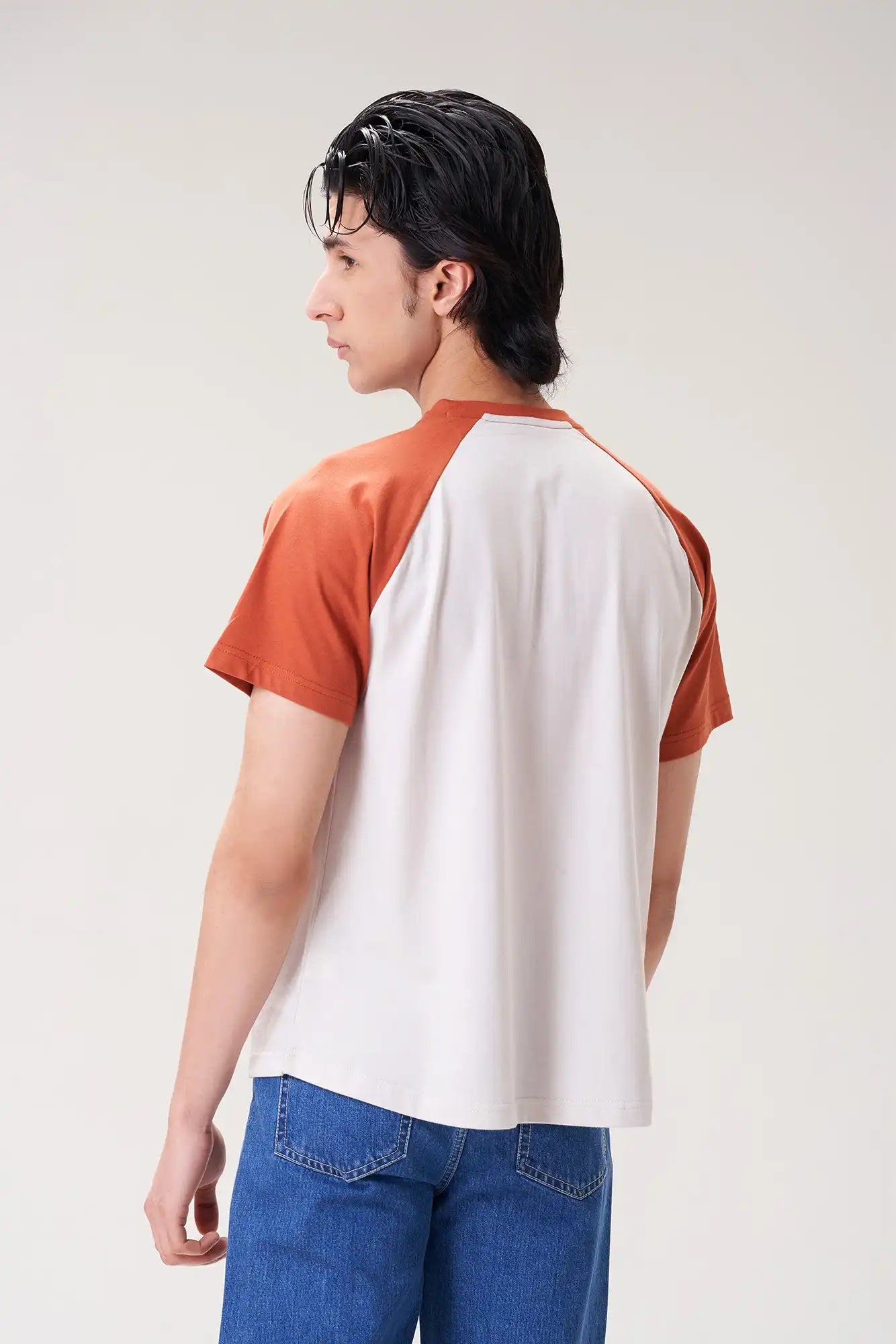 Men's White Raglan T-Shirt with Orange Sleeves