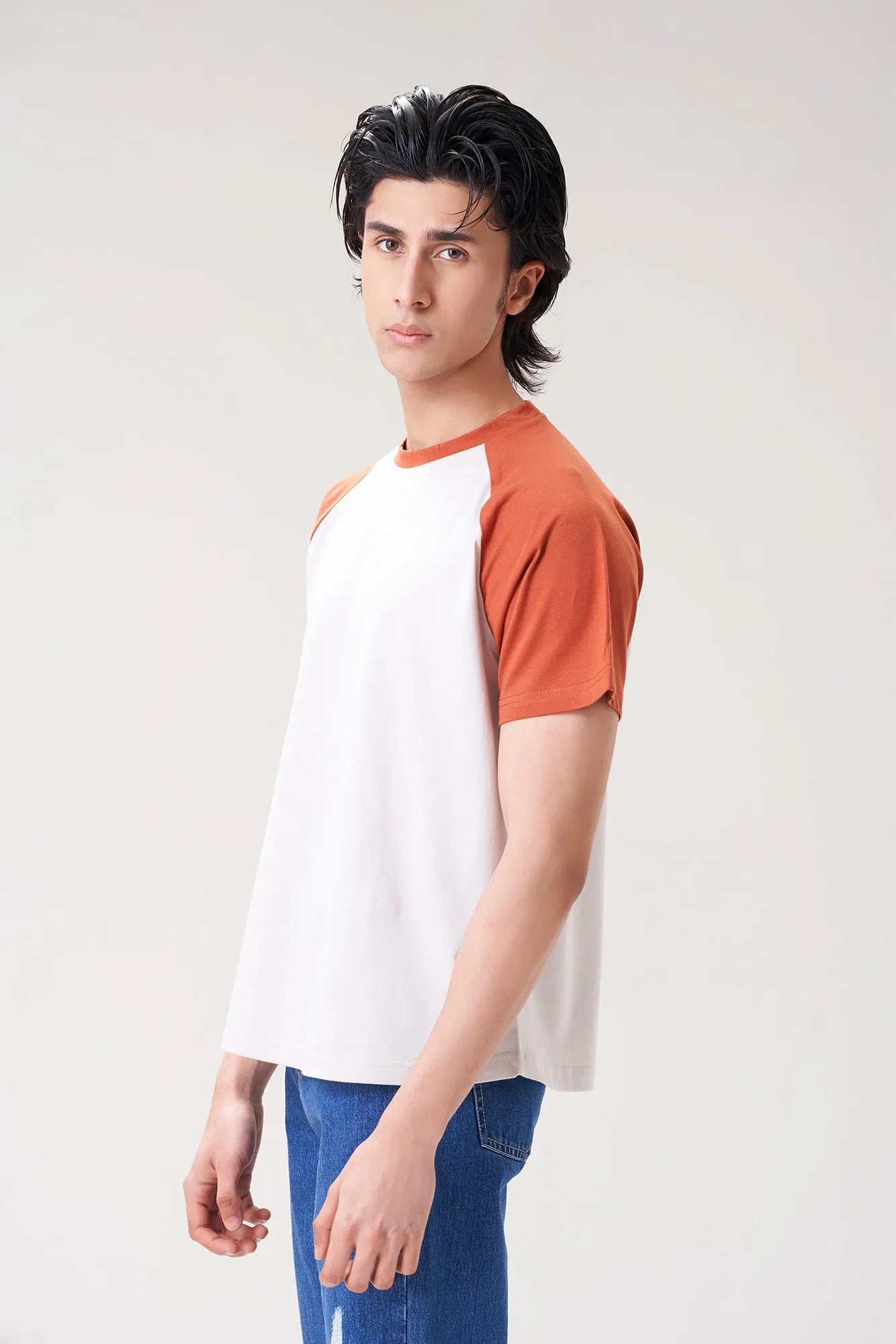 Men's White Raglan T-Shirt with Orange Sleeves