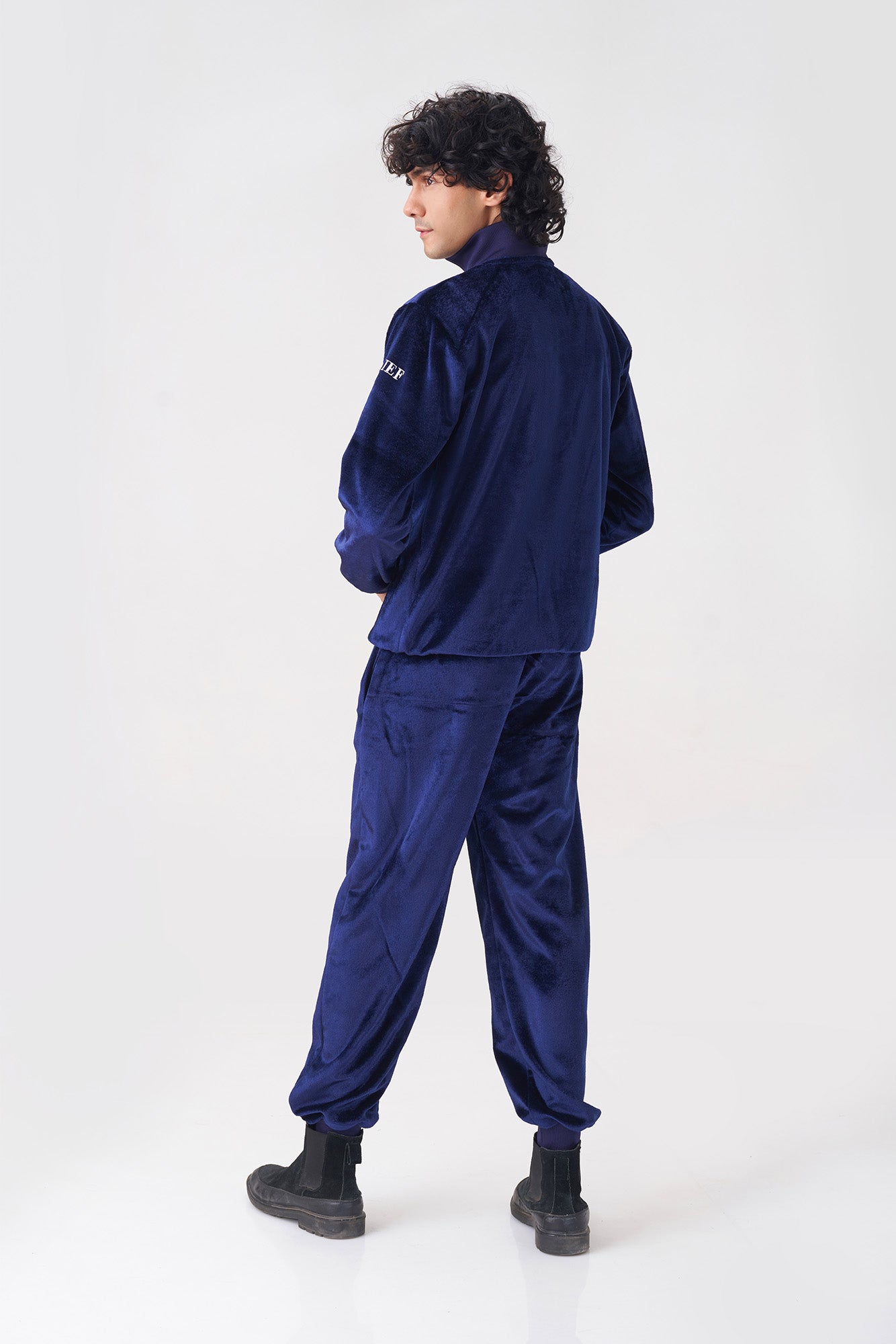 Men's Navy Blue Velvet Tracksuit with Zipper Collar