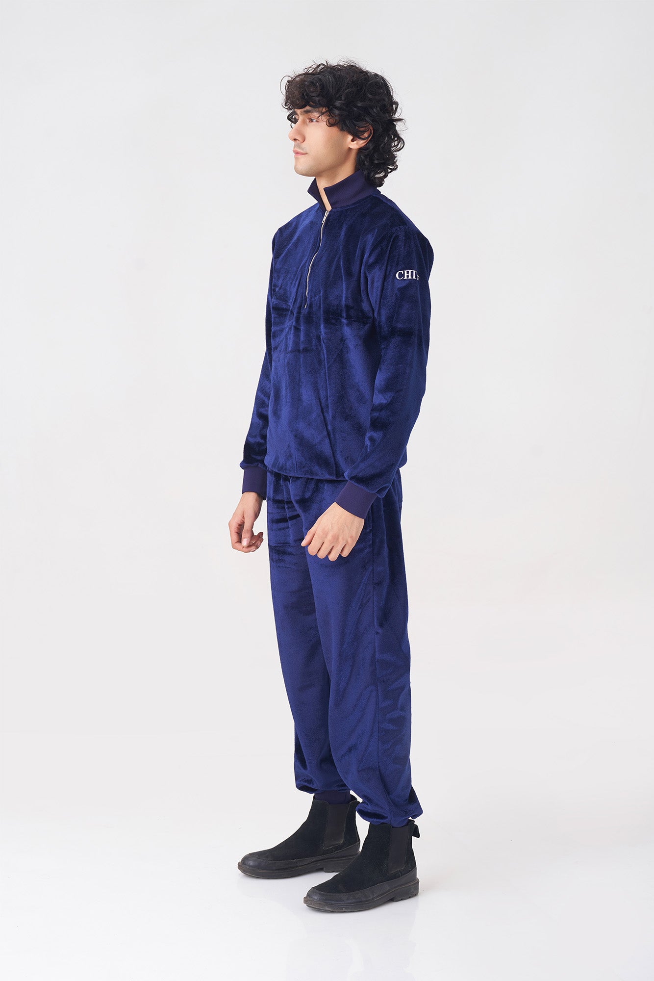 Men's Navy Blue Velvet Tracksuit with Zipper Collar