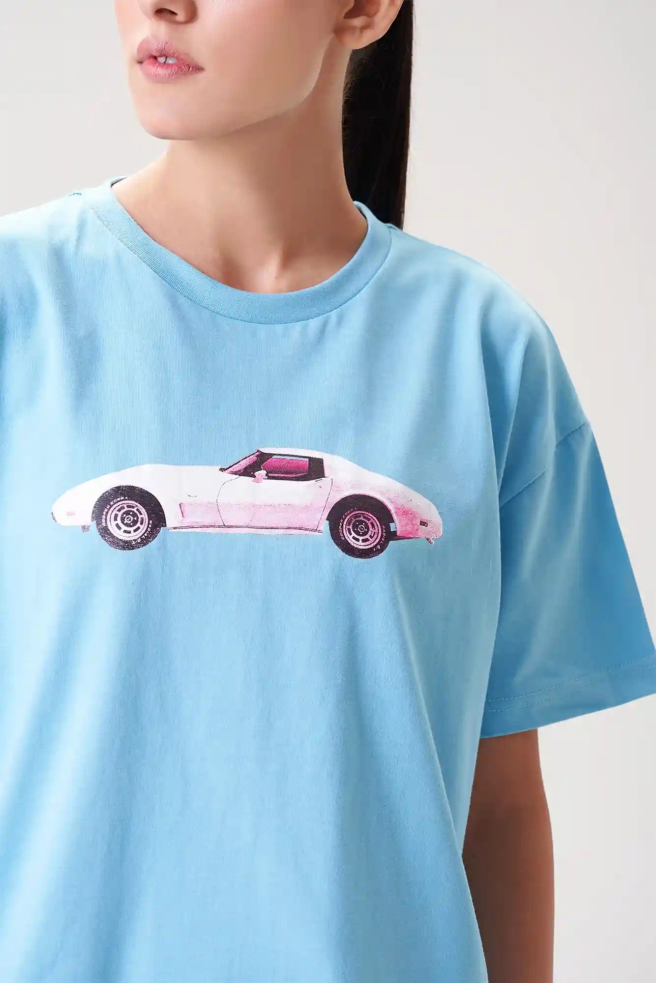 Sky Blue T-Shirt with Cool Car Print for Women