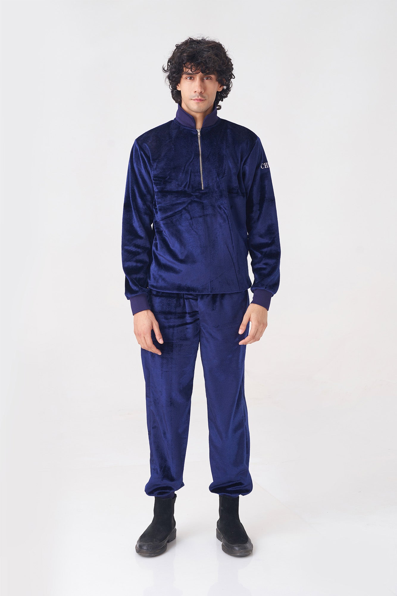 Men's Navy Blue Velvet Tracksuit with Zipper Collar