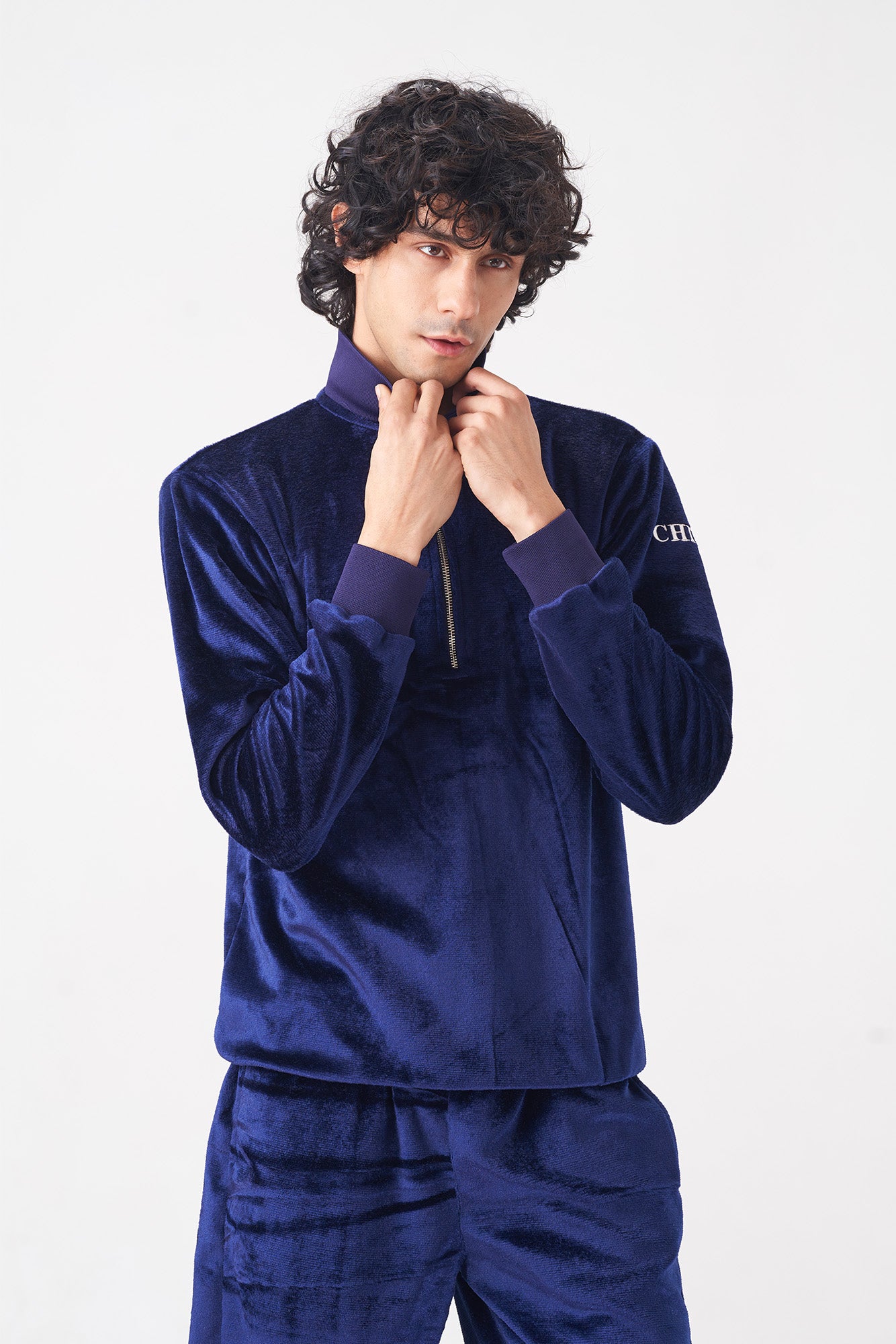 Men's Navy Blue Velvet Tracksuit with Zipper Collar