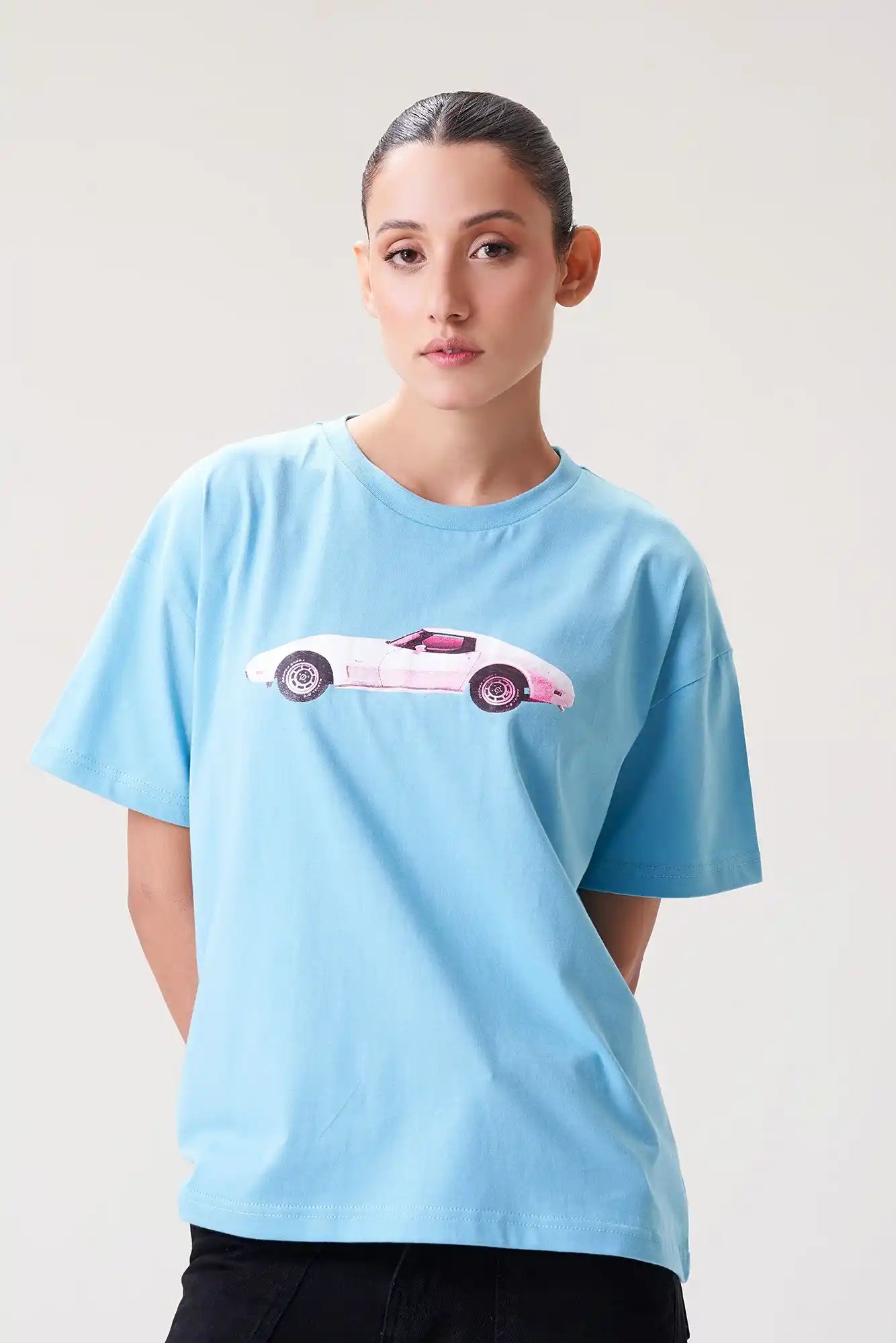 Sky Blue T-Shirt with Cool Car Print for Women