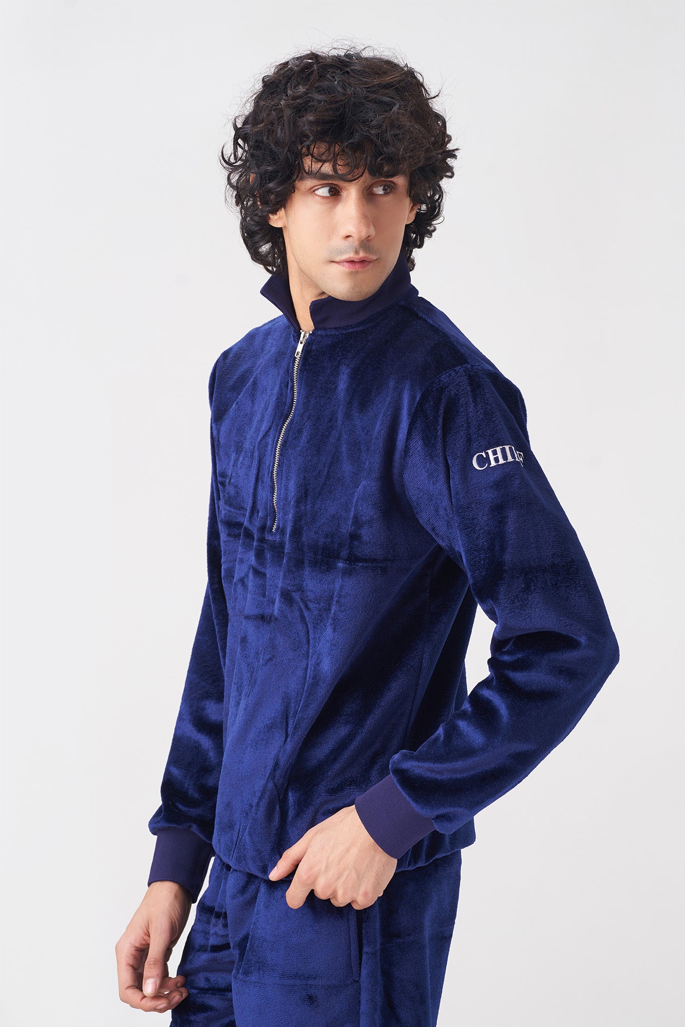 Men's Navy Blue Velvet Tracksuit with Zipper Collar