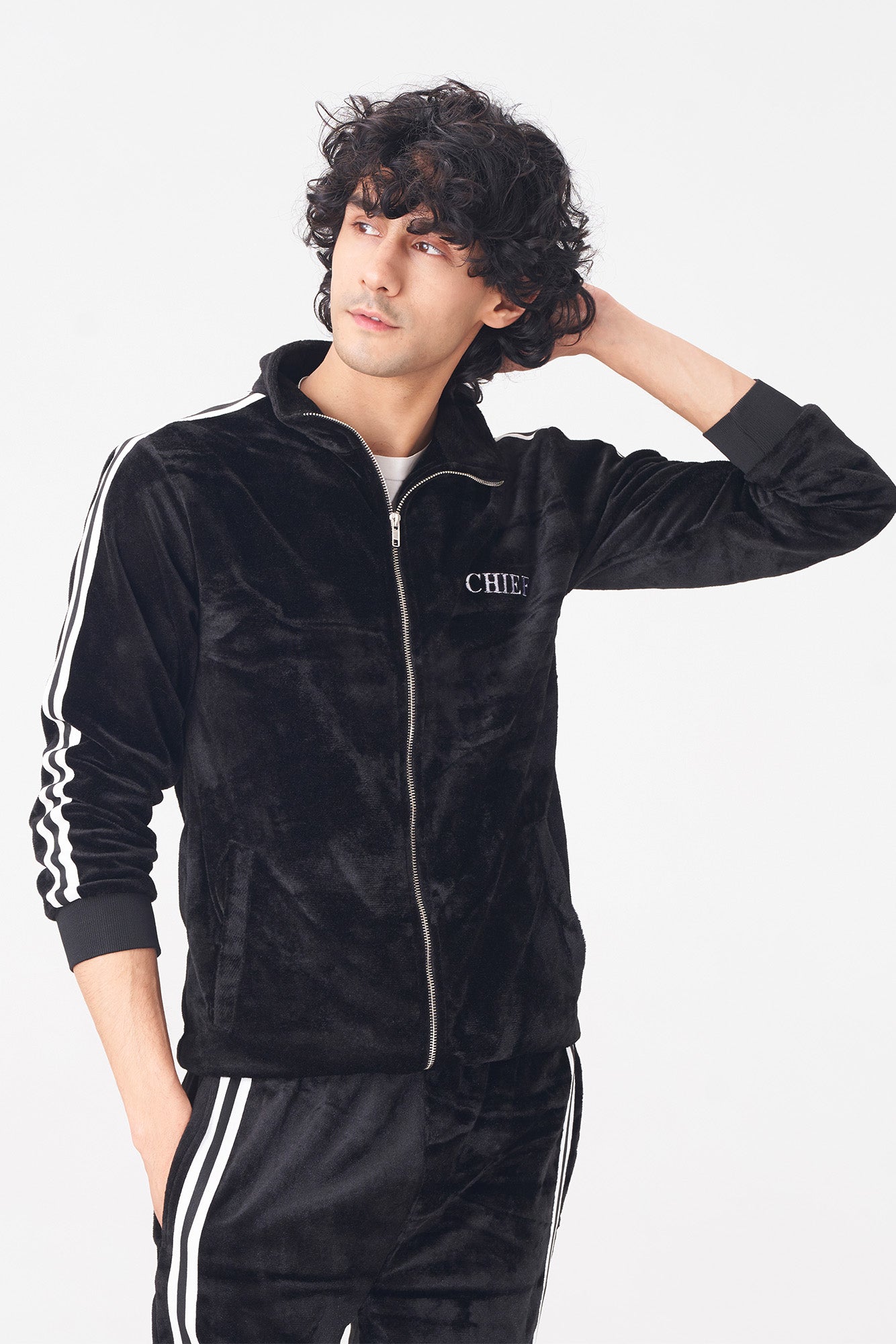 Black Velvet Tracksuit with Striped Detail for Men