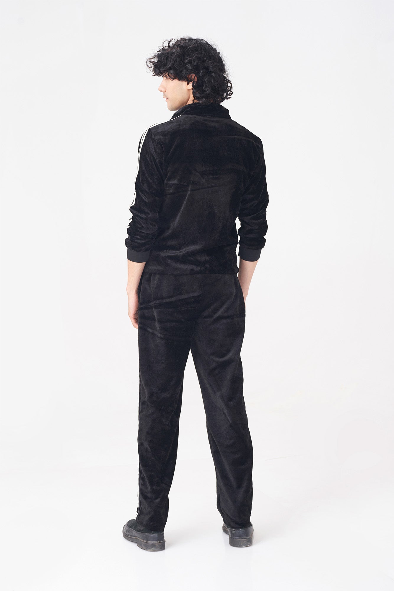 Black Velvet Tracksuit with Striped Detail for Men