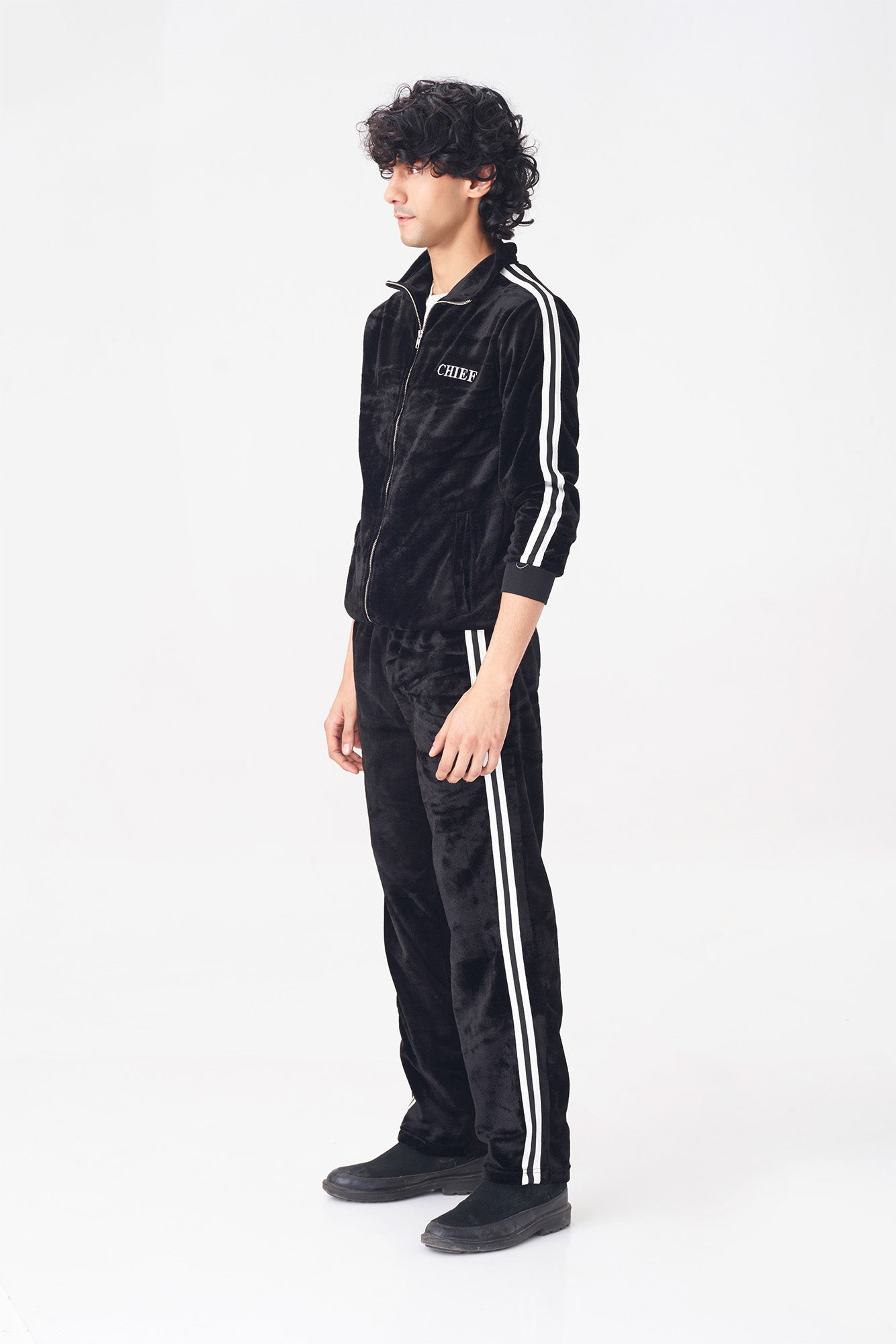 Black Velvet Tracksuit with Striped Detail for Men