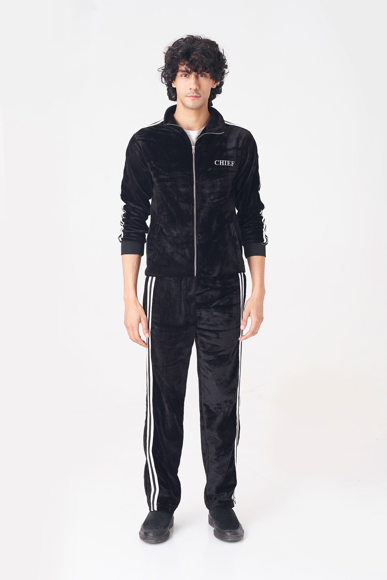 Black Velvet Tracksuit with Striped Detail for Men