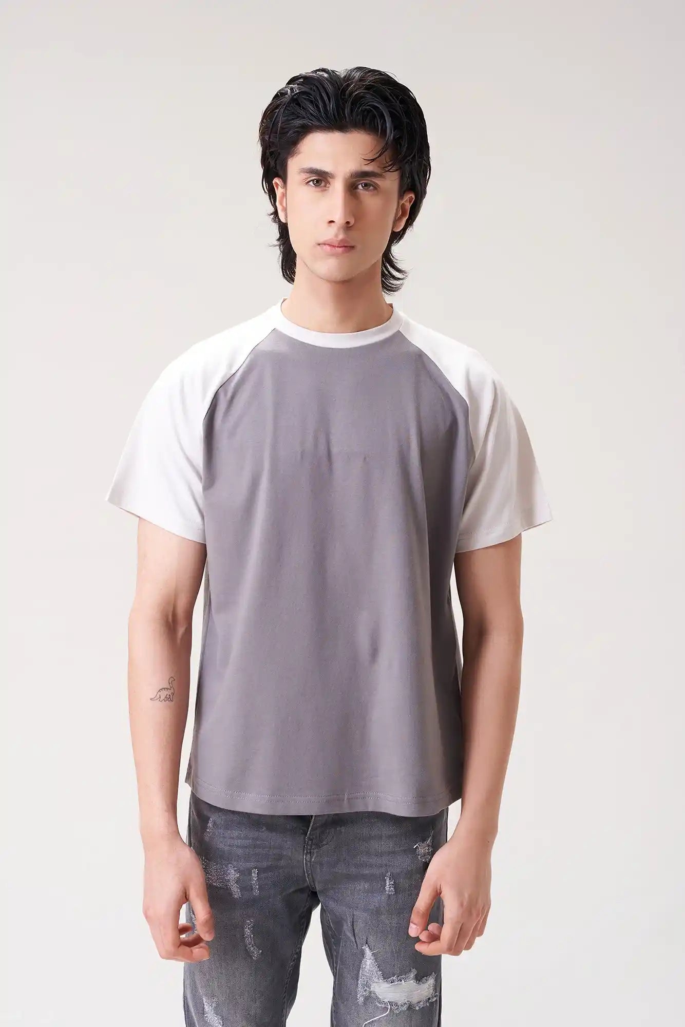 Men's Grey and White Casual Raglan T-Shirt