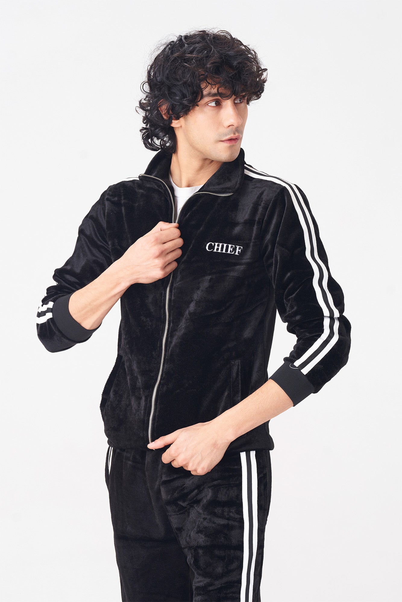 Black Velvet Tracksuit with Striped Detail for Men