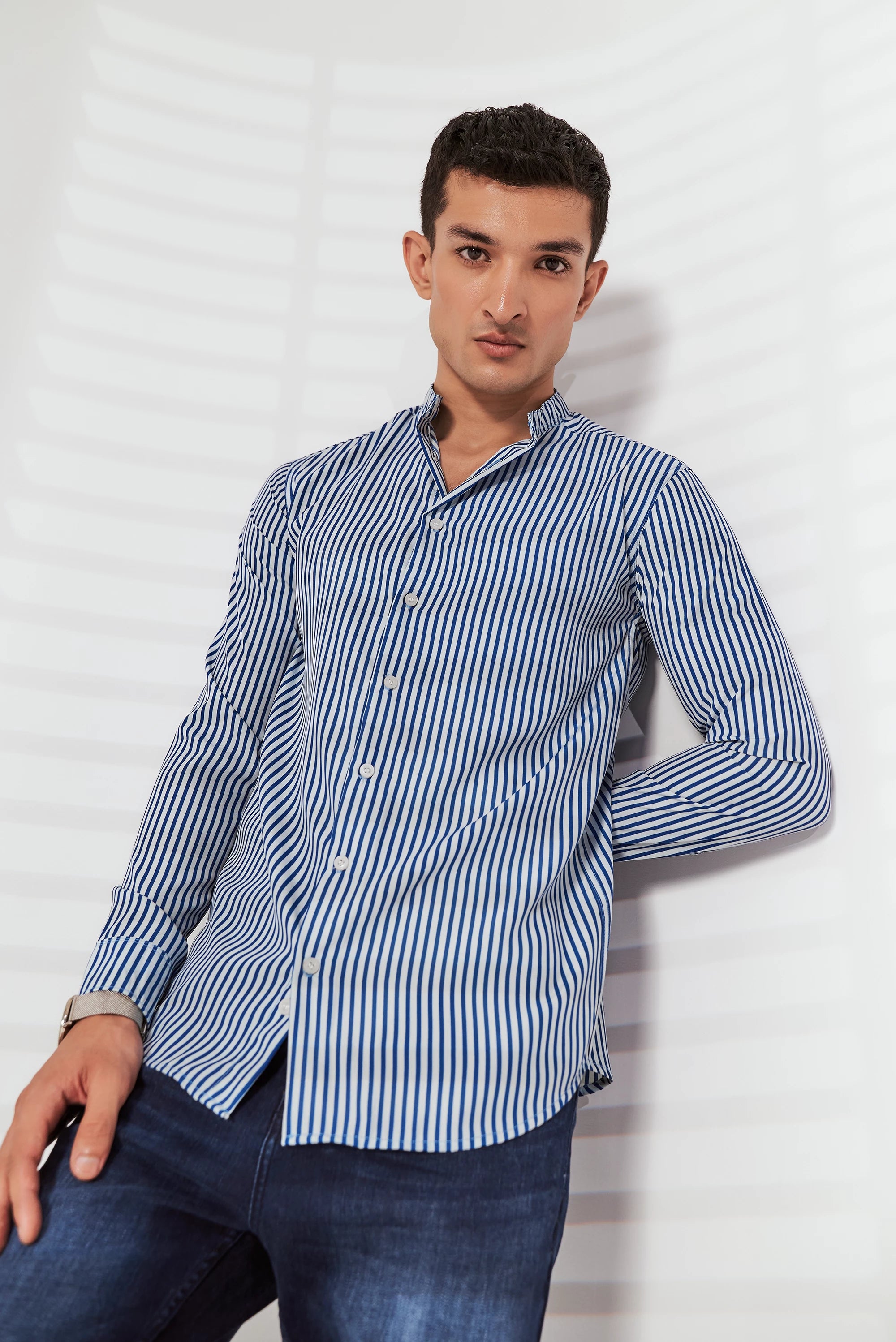 Men's Striped Button-Up Shirt Blue