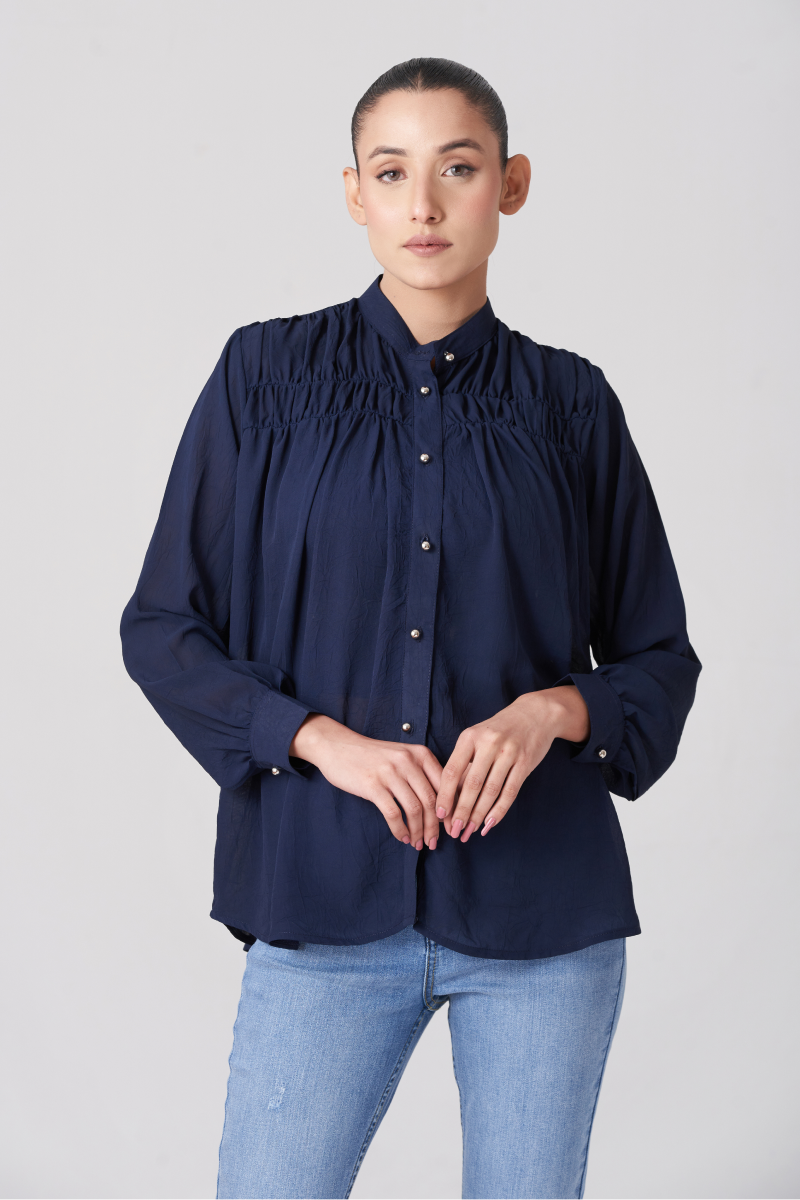 Navy Blue Women's Gatherd Button Up Shirt