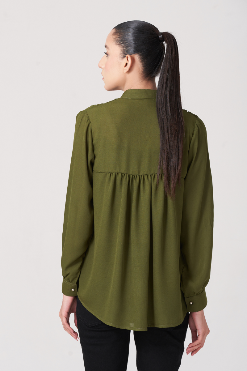 Olive Women's Gatherd Button Up Shirt