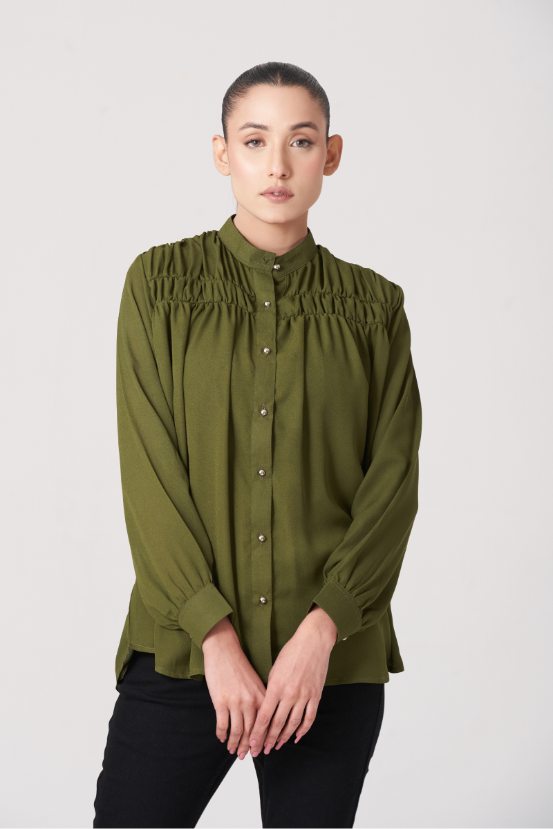 Olive Women's Gatherd Button Up Shirt