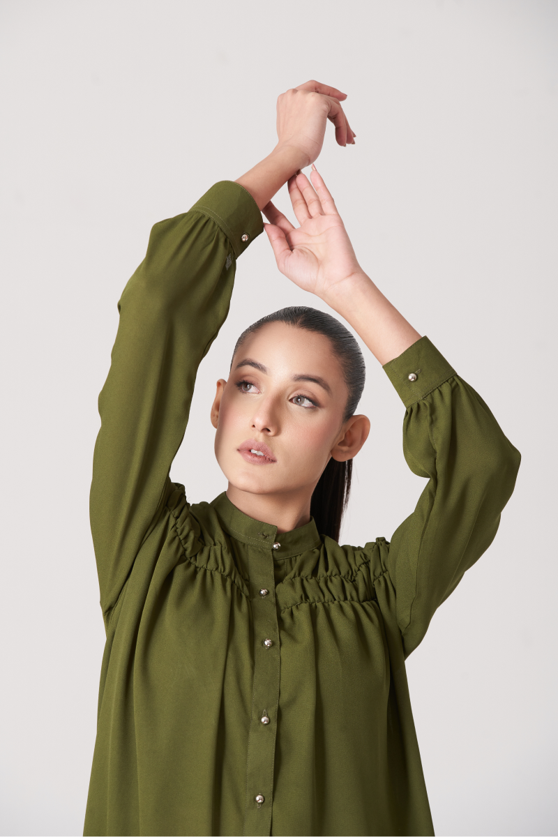 Olive Women's Gatherd Button Up Shirt