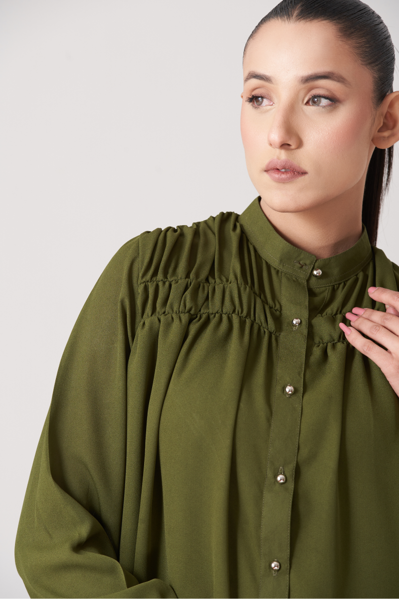 Olive Women's Gatherd Button Up Shirt