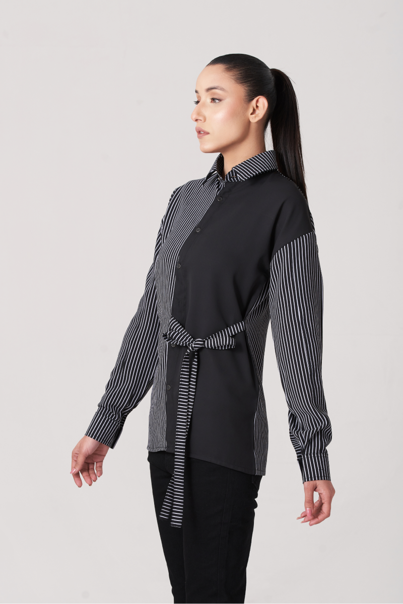 Black Women's Strip Button Down Shirt