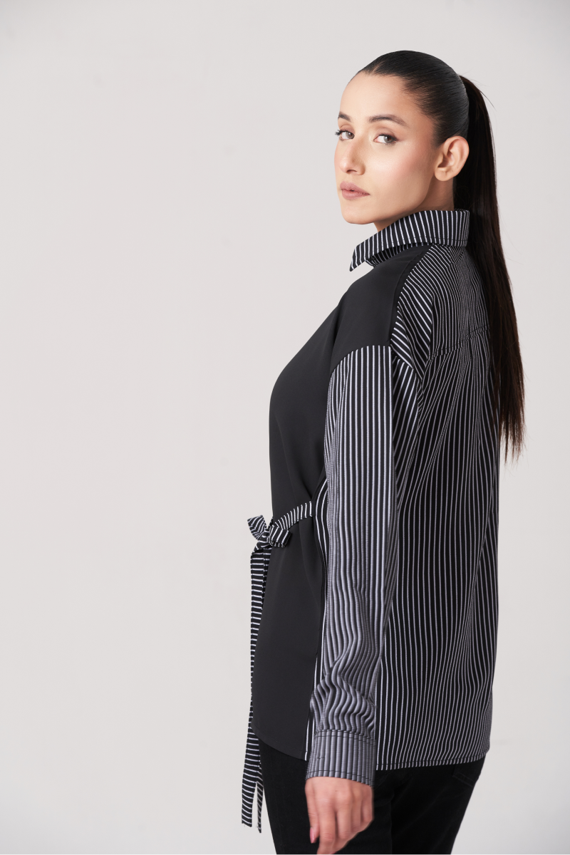 Black Women's Strip Button Down Shirt