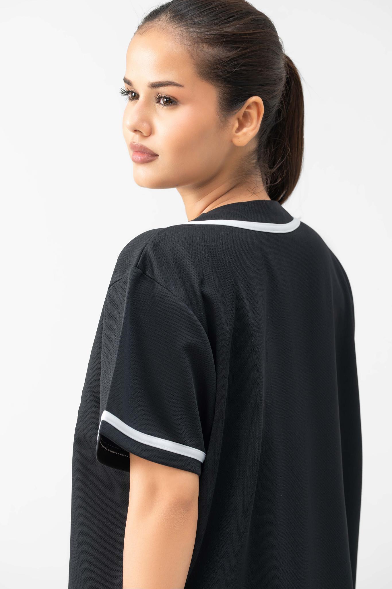 RELAXED FIT MESH BUTTON DOWN BASEBALL JERSEY SHIRT
