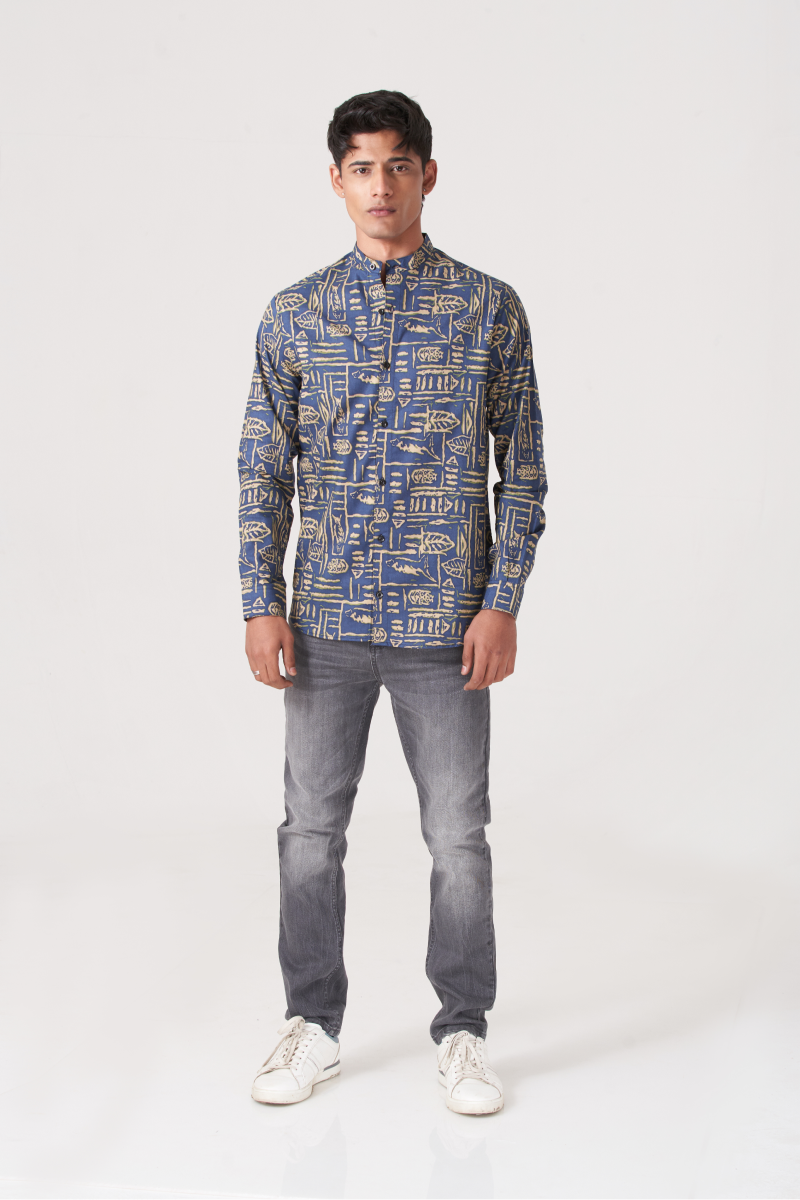 Blue And Grey Men's Fusion Style Casual Shirt