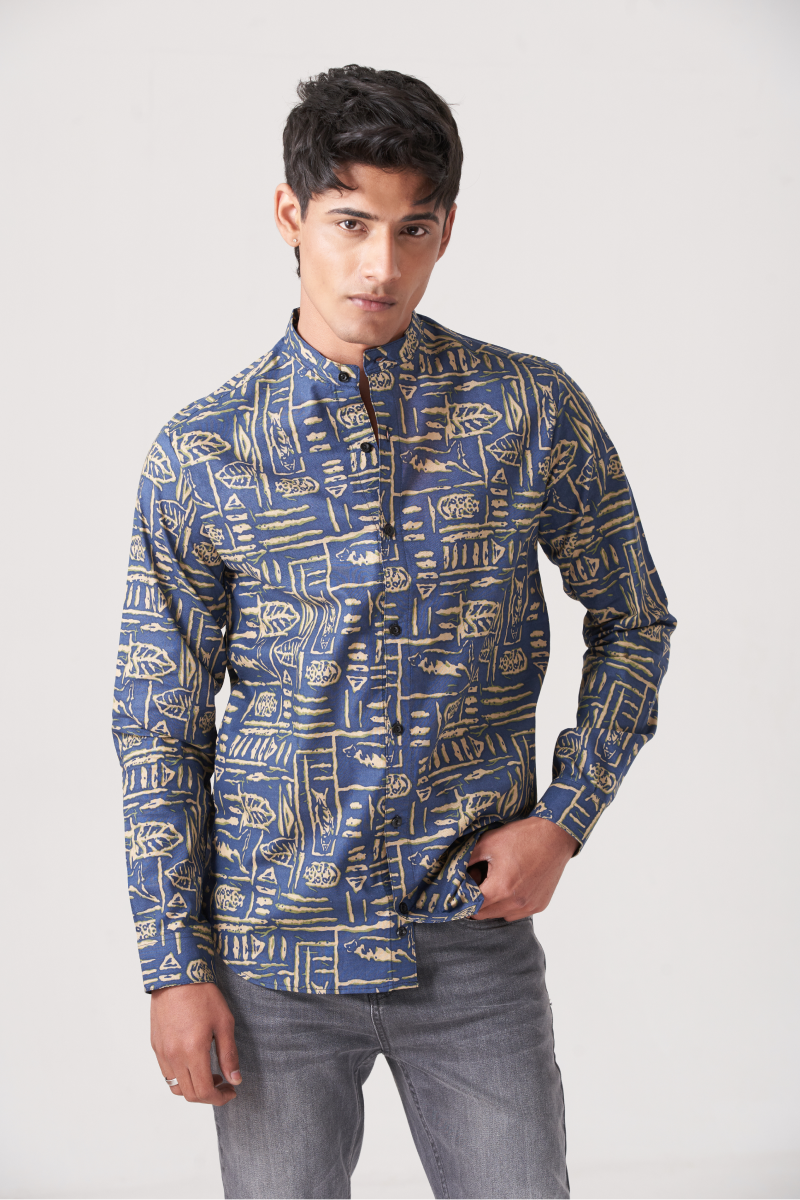 Blue And Grey Men's Fusion Style Casual Shirt