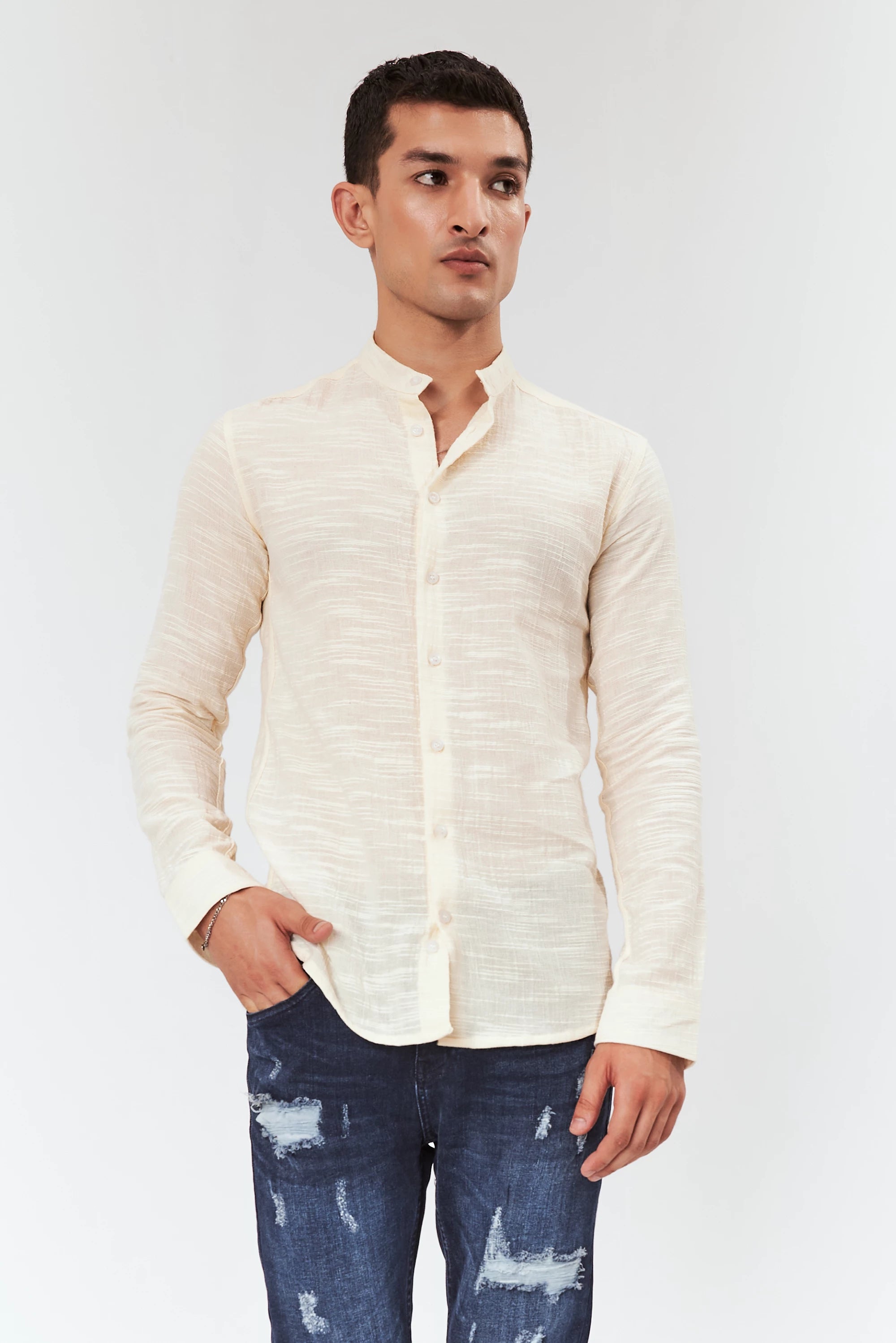 Men's Textured Button-Up Shirt Cream