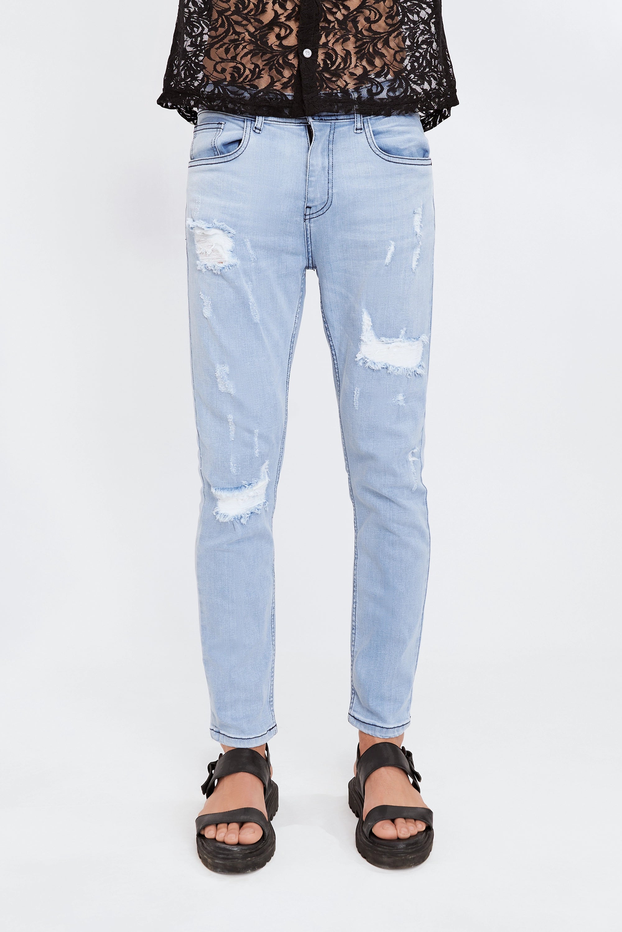 Men's Ripped Tapered Fit Sky Blue Jeans