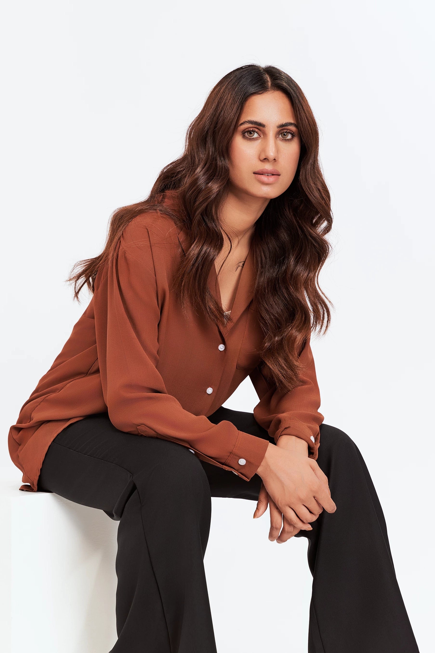 Women's Button-Up Coat Collar Top Brown