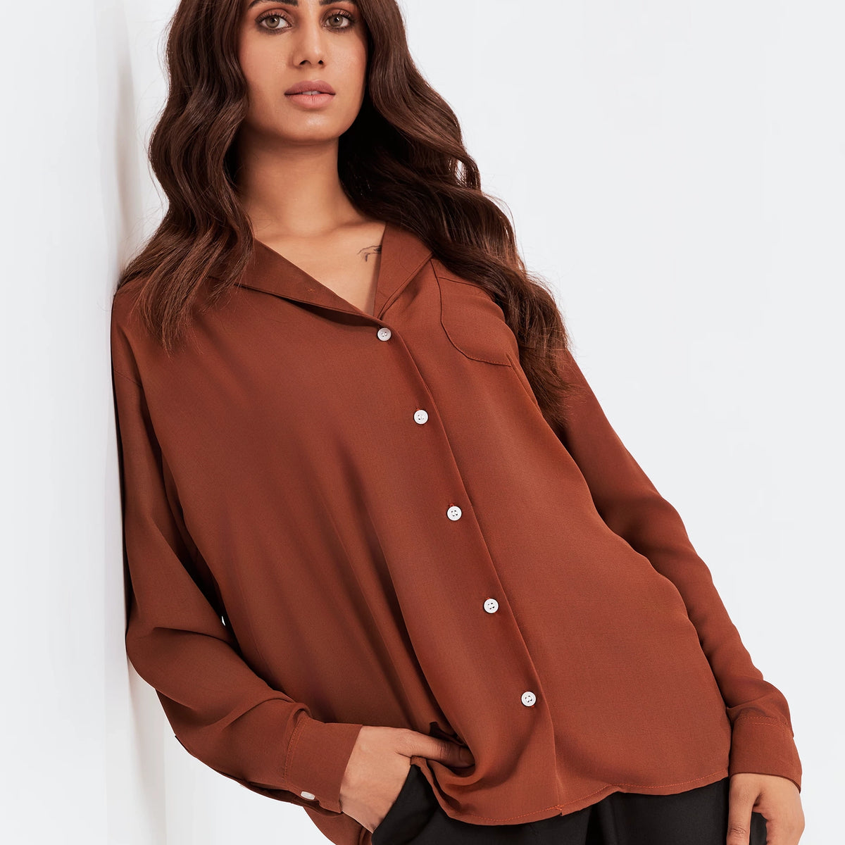 Women s Button Up Coat Collar Top Brown