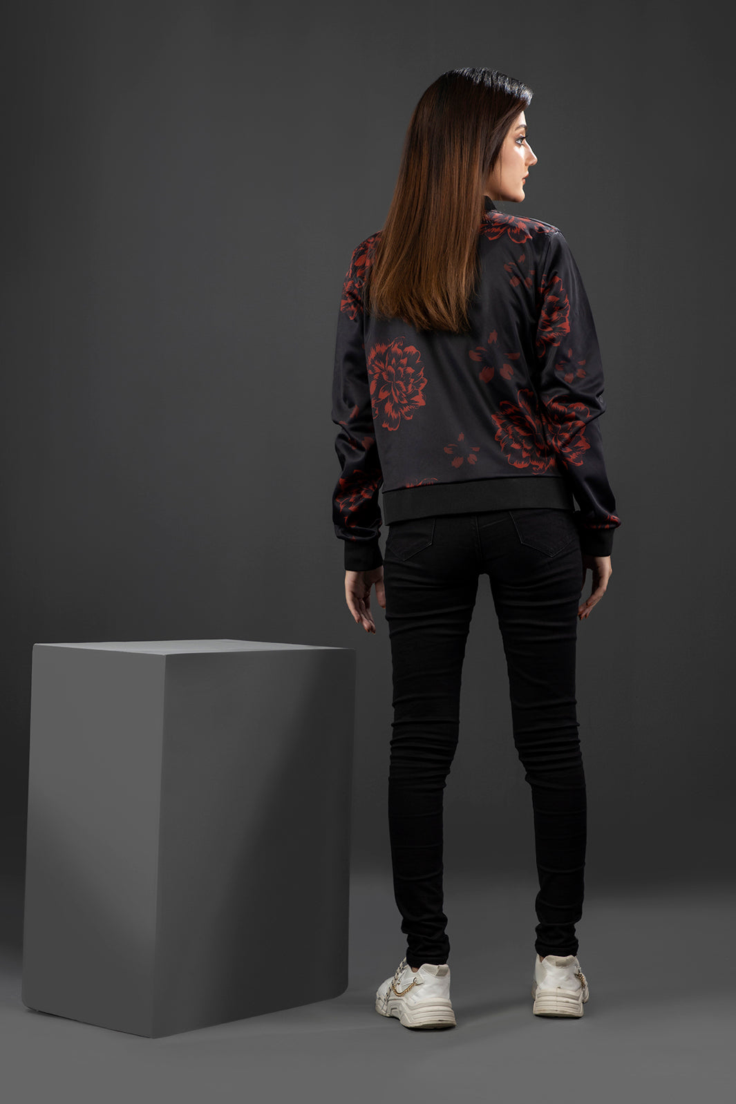 Black jacket 2025 with red roses