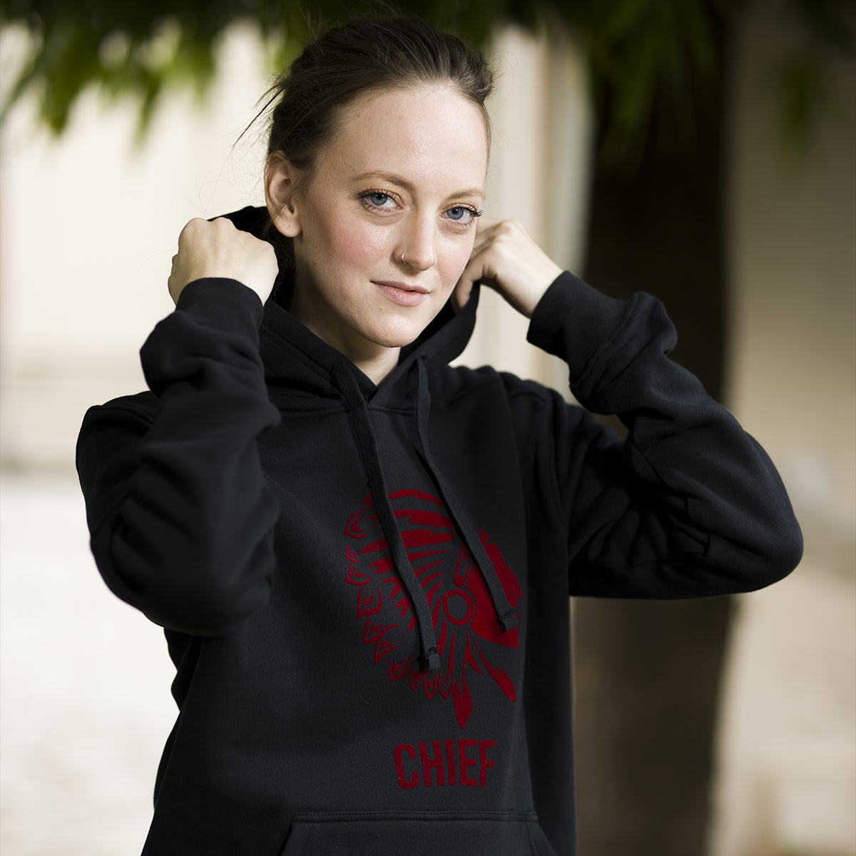 Black hoodie with shop red writing